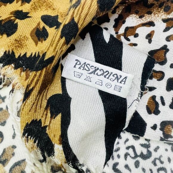 Pashmina White/Tan/Black Leopard Patchwork Fringe Scarf - Picture 7 of 11